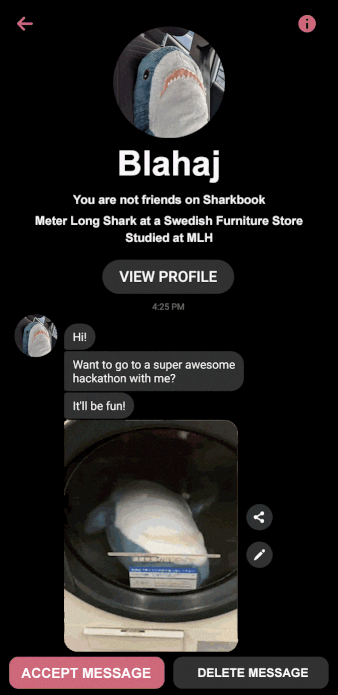 Parody advertisement of a stuffed animal shark messaging you to attend a hackathon with them